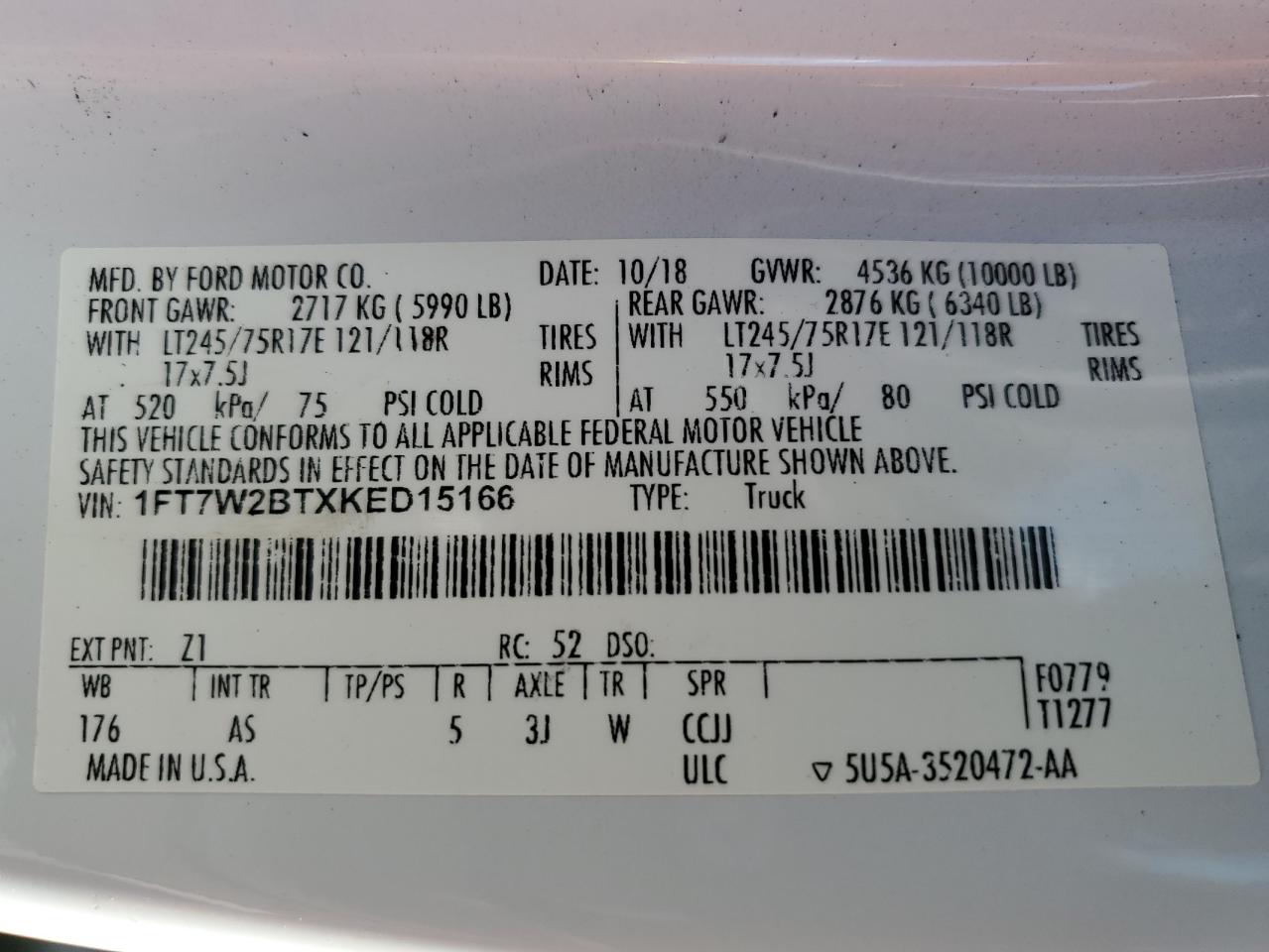 2019 Ford F250 Super Duty VIN: 1FT7W2BTXKED15166 Lot: 86771085