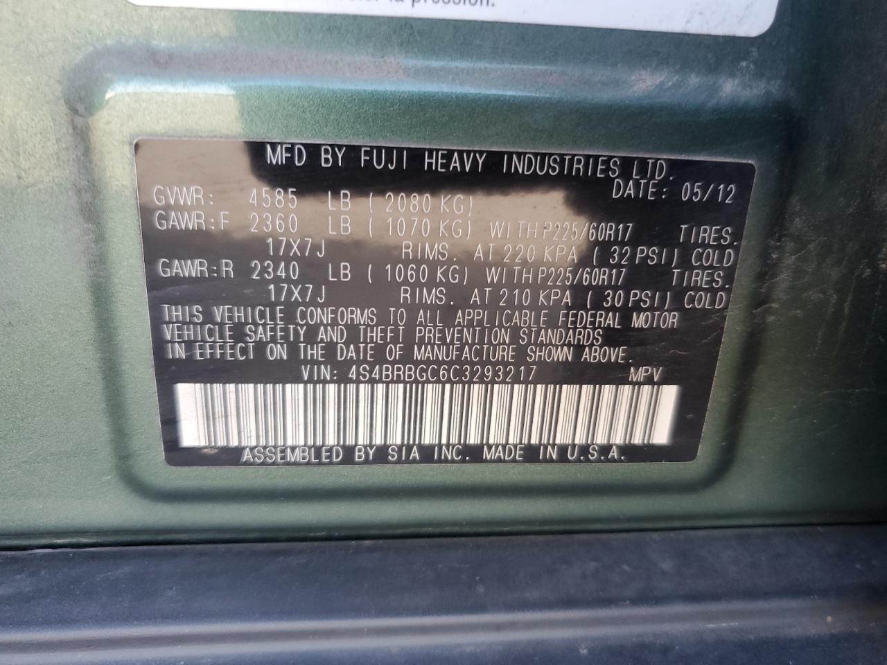 2012 Subaru Outback 2.5I Premium VIN: 4S4BRBGC6C3293217 Lot: 86600295