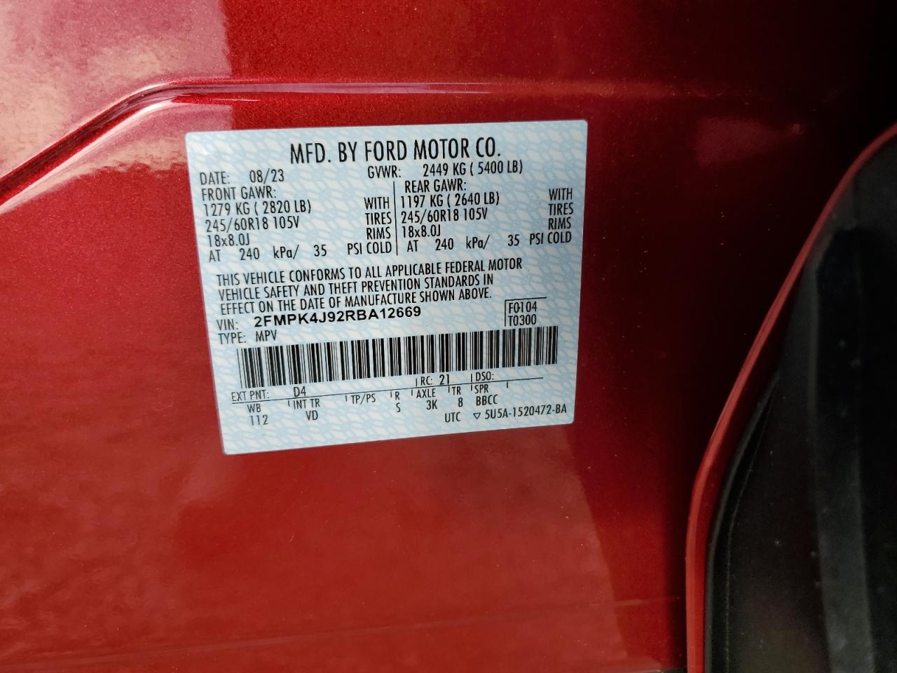 2024 Ford Edge Sel VIN: 2FMPK4J92RBA12669 Lot: 81903405