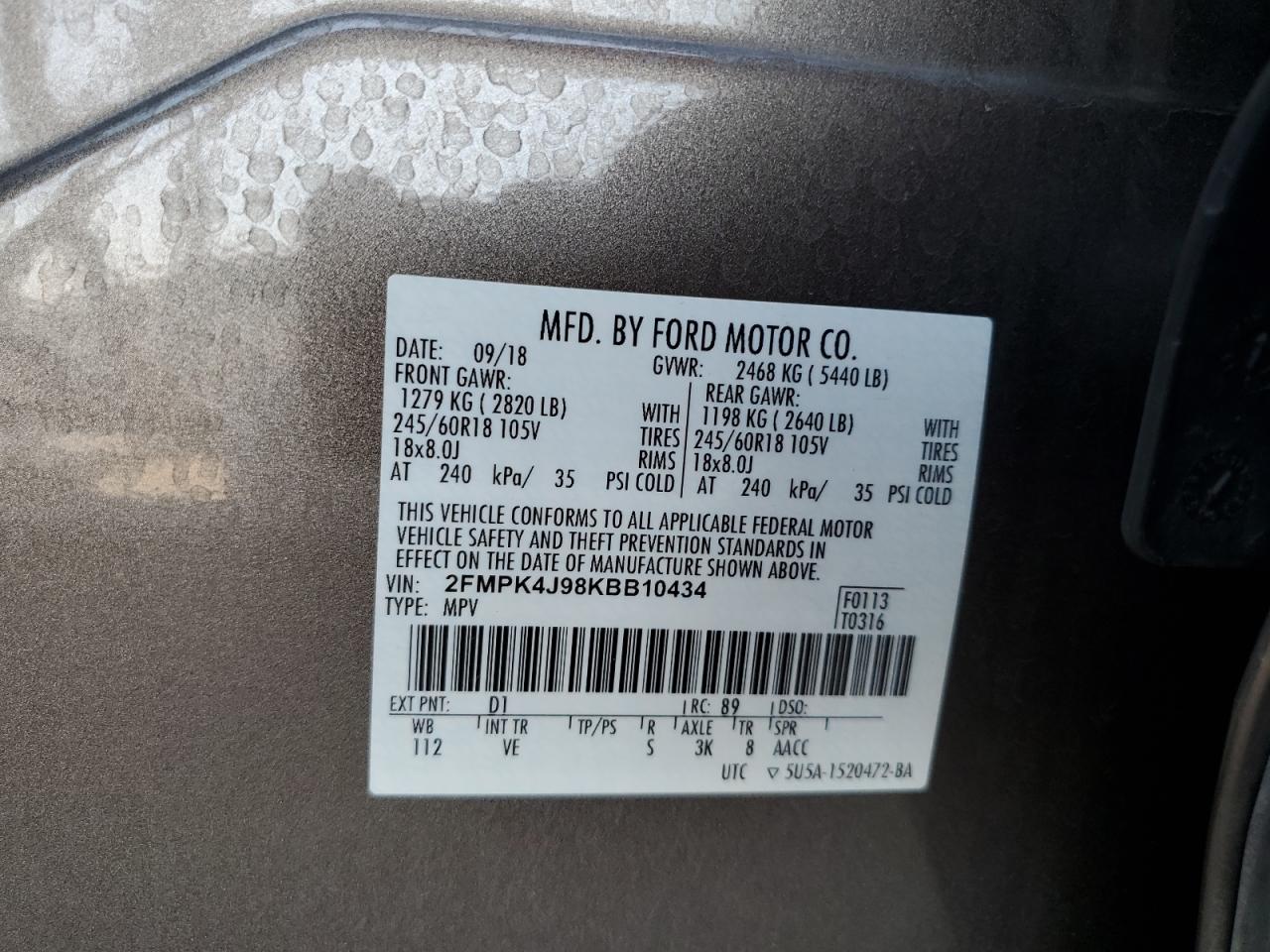 2019 Ford Edge Sel VIN: 2FMPK4J98KBB10434 Lot: 84485075