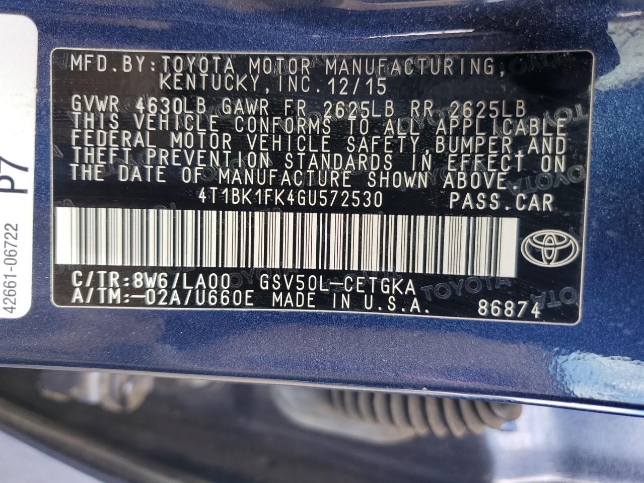 2016 Toyota Camry Xse VIN: 4T1BK1FK4GU572530 Lot: 85862445