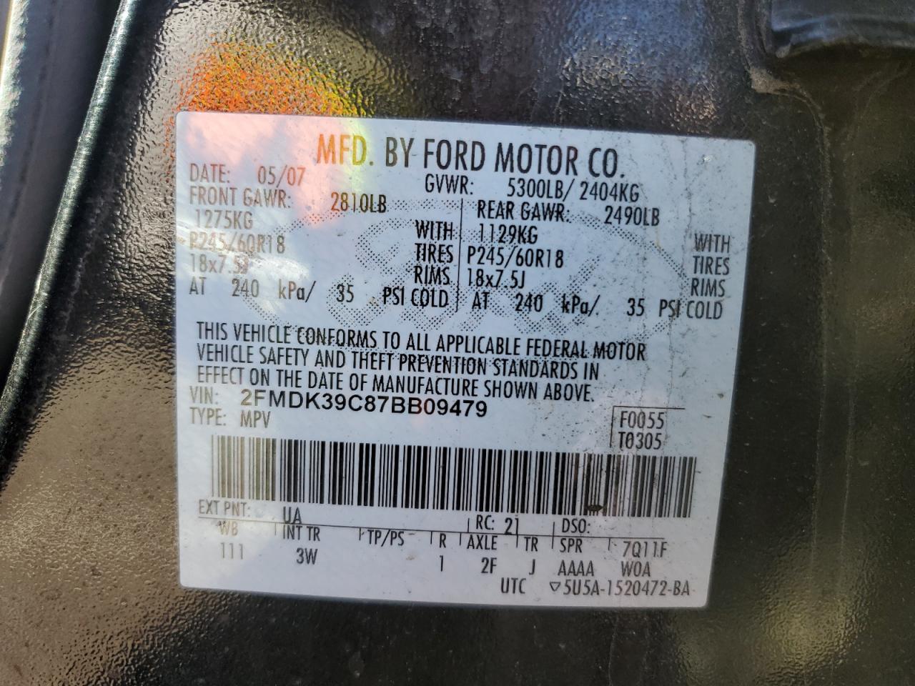 2007 Ford Edge Sel Plus VIN: 2FMDK39C87BB09479 Lot: 86890275