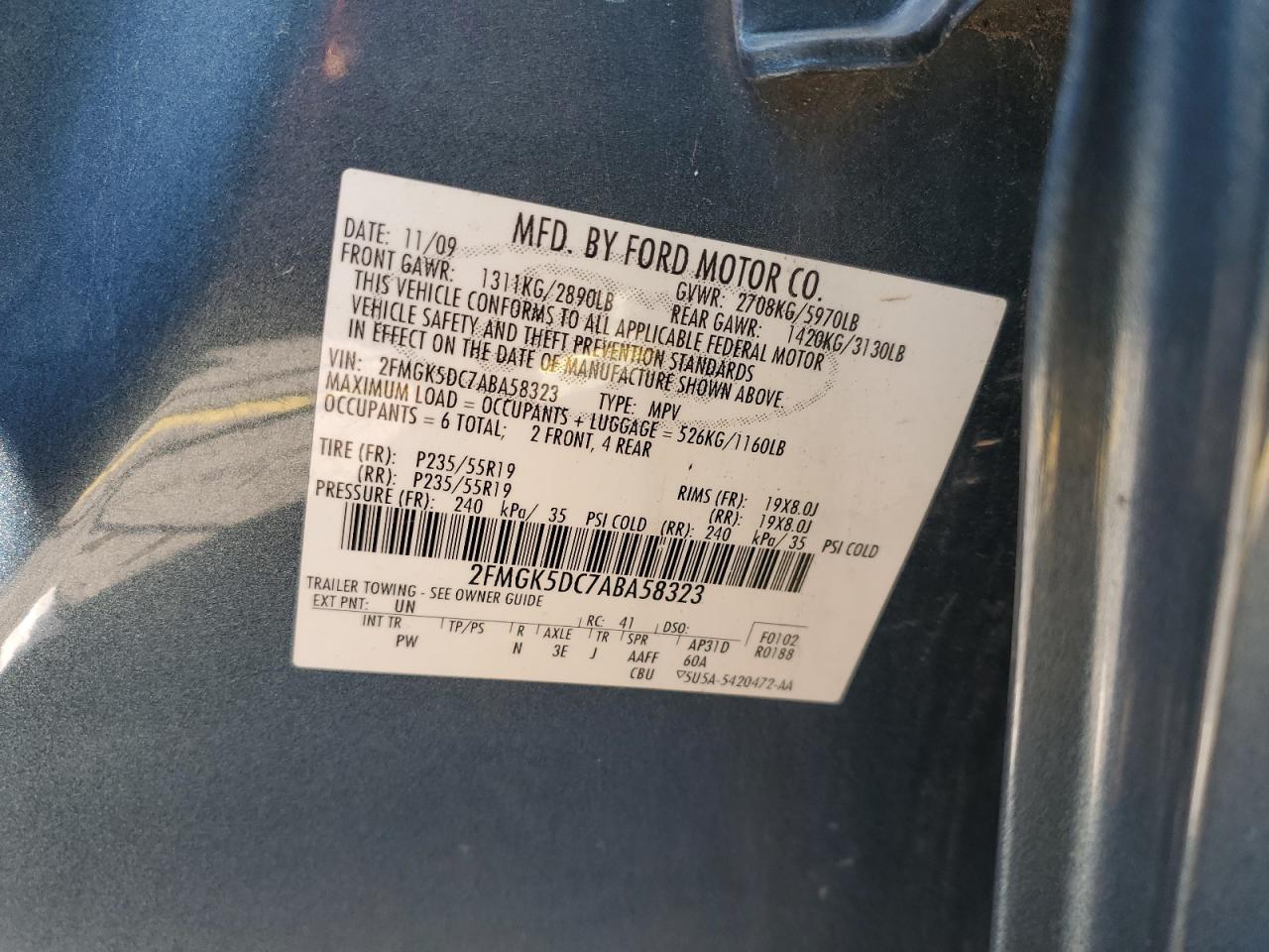 2010 Ford Flex Limited VIN: 2FMGK5DC7ABA58323 Lot: 87080765