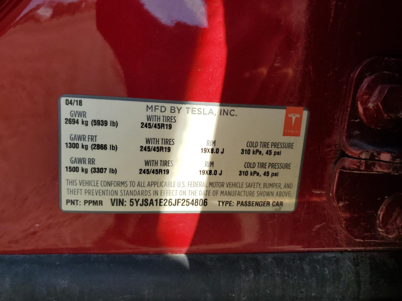 2018 Tesla Model S VIN: 5YJSA1E26JF254806 Lot: 86885865