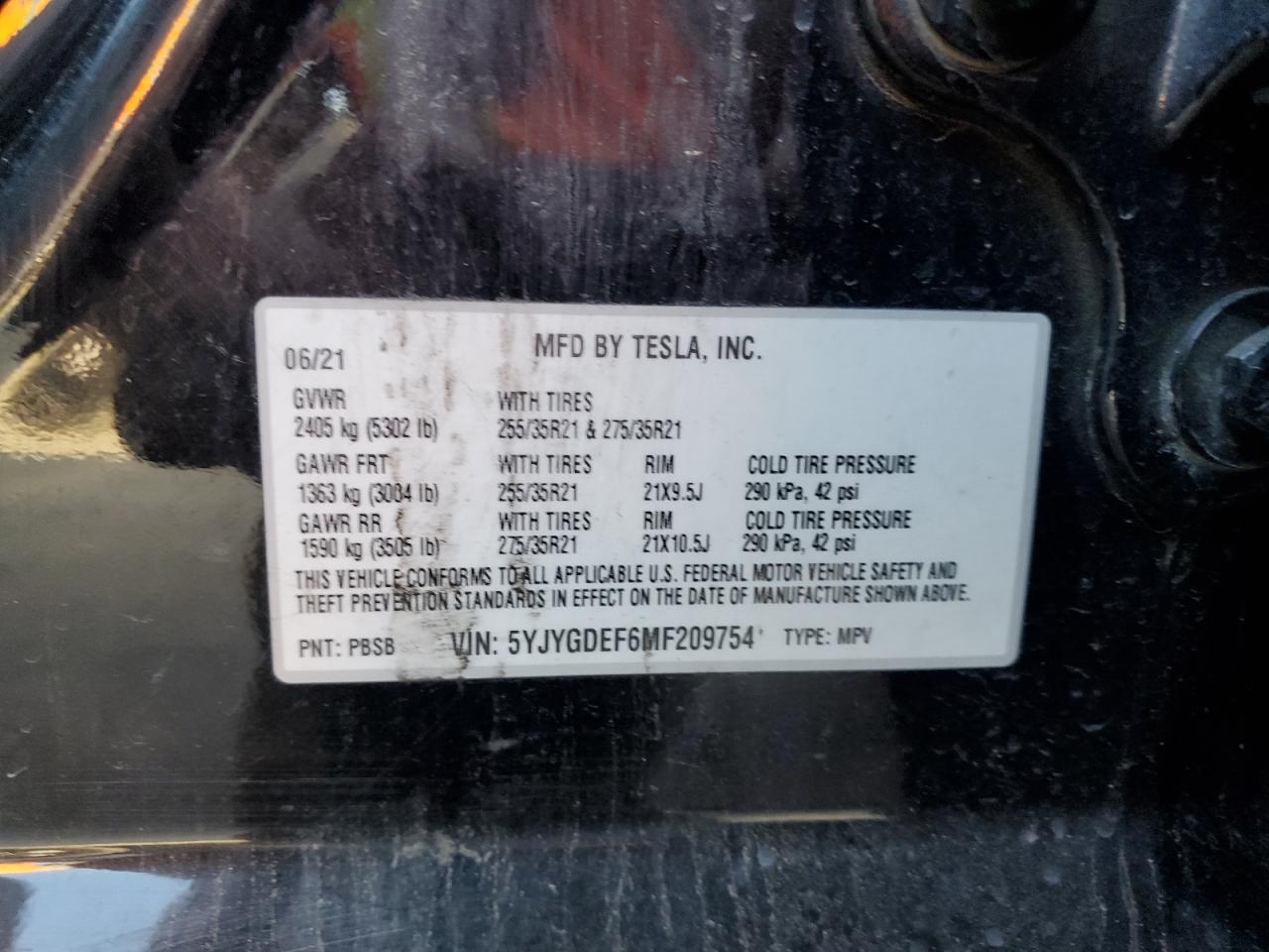 2021 Tesla Model Y VIN: 5YJYGDEF6MF209754 Lot: 90425375