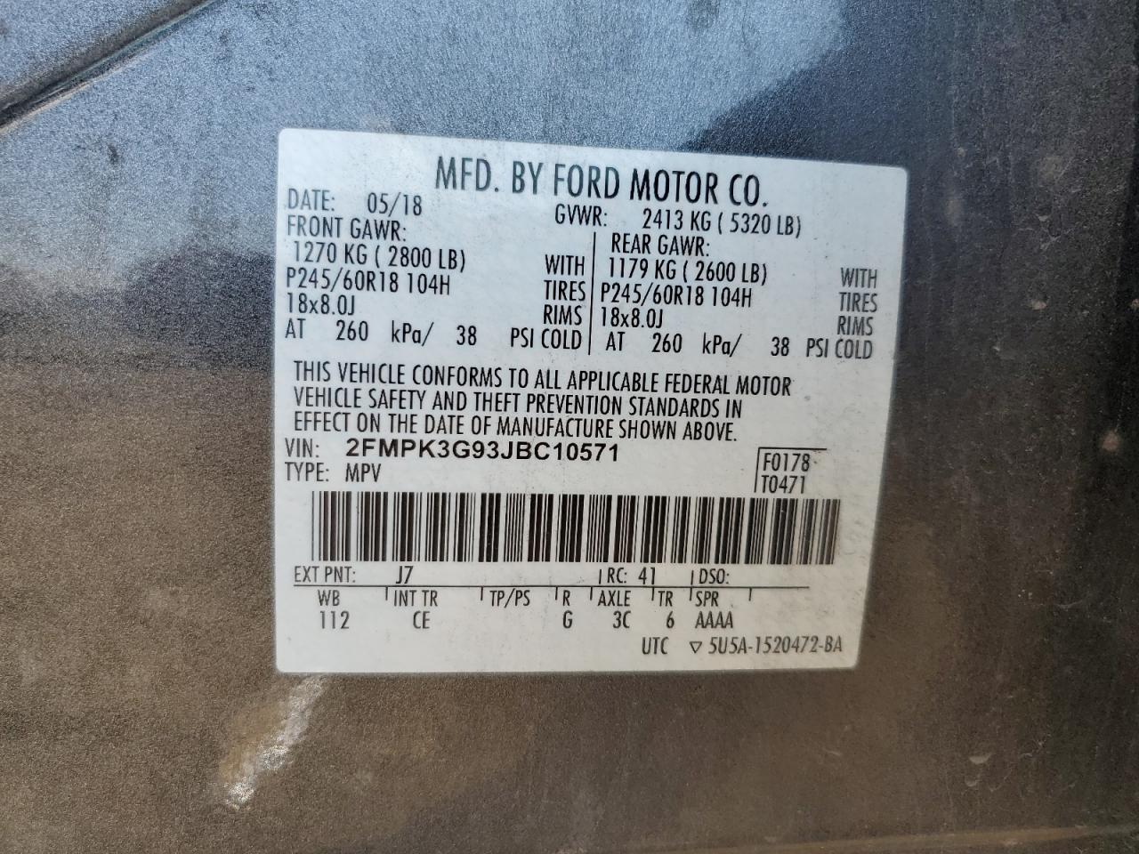 2018 Ford Edge Se VIN: 2FMPK3G93JBC10571 Lot: 85189885