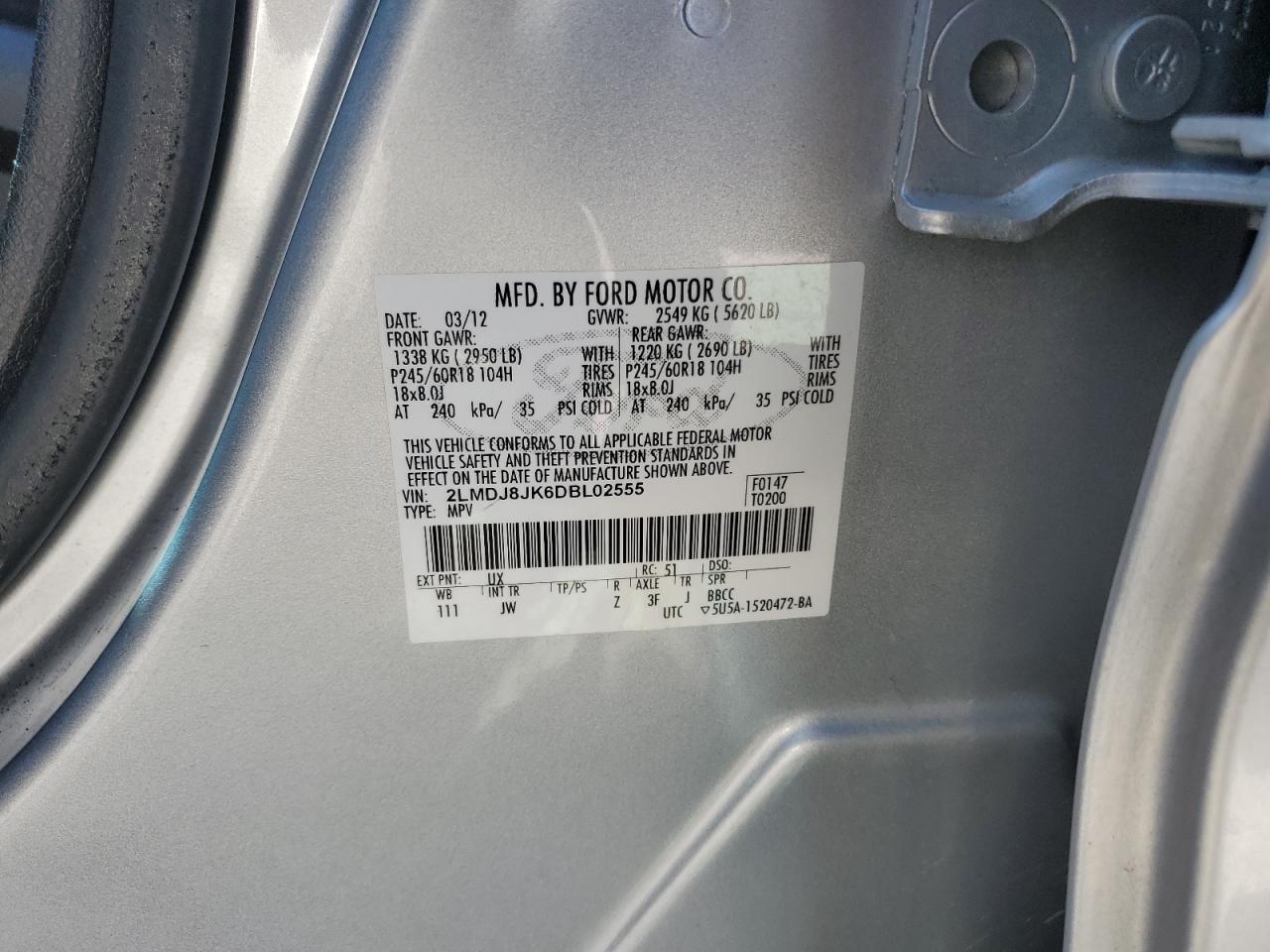 2013 Lincoln Mkx VIN: 2LMDJ8JK6DBL02555 Lot: 84920965