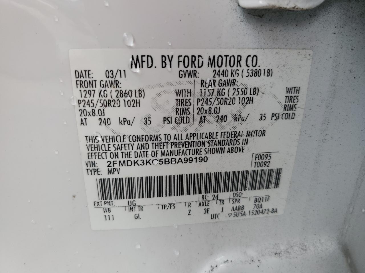 2011 Ford Edge Limited VIN: 2FMDK3KC5BBA99190 Lot: 86224585