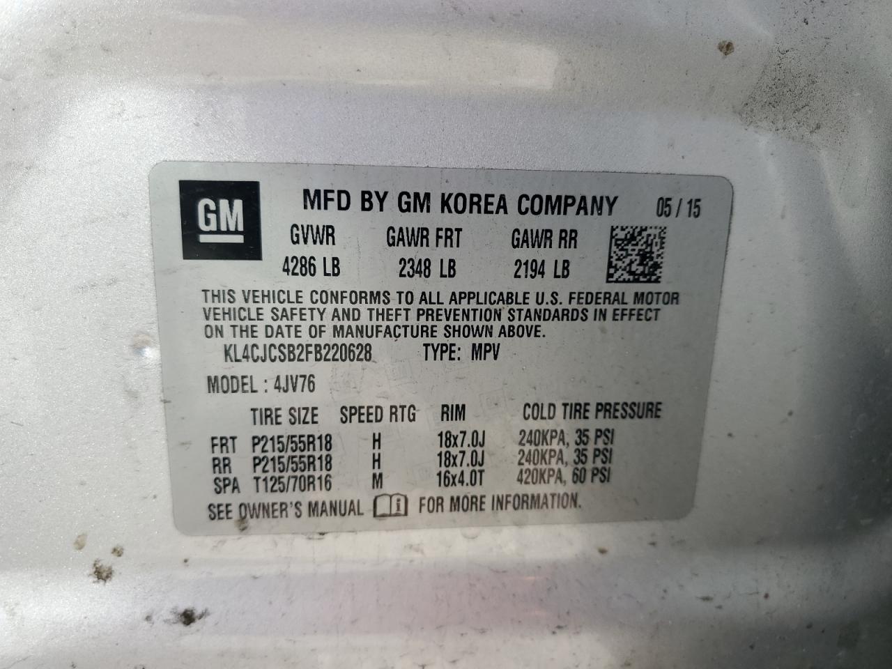 2015 Buick Encore VIN: KL4CJCSB2FB220628 Lot: 82583105