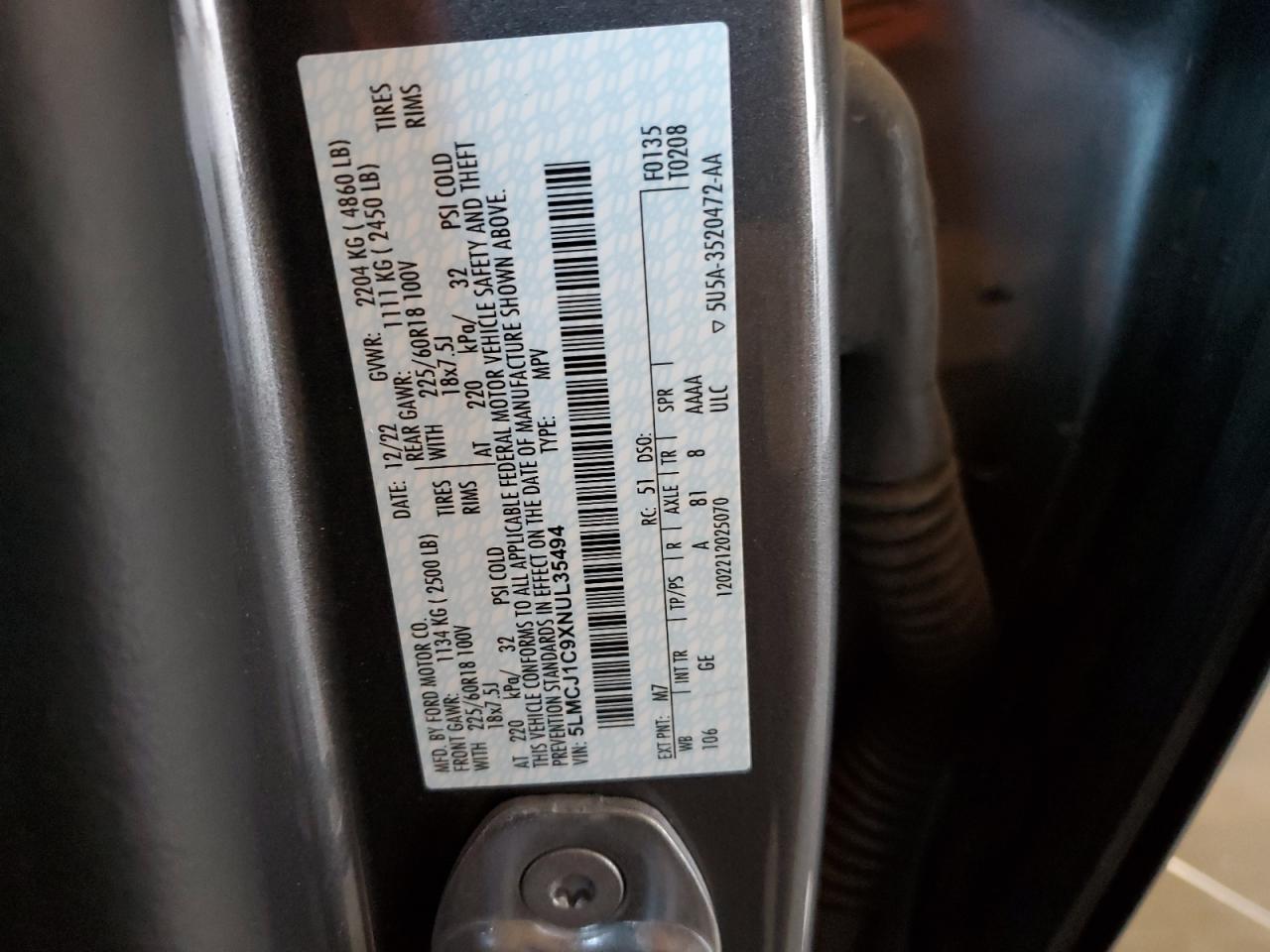 2022 Lincoln Corsair VIN: 5LMCJ1C9XNUL35494 Lot: 82745345