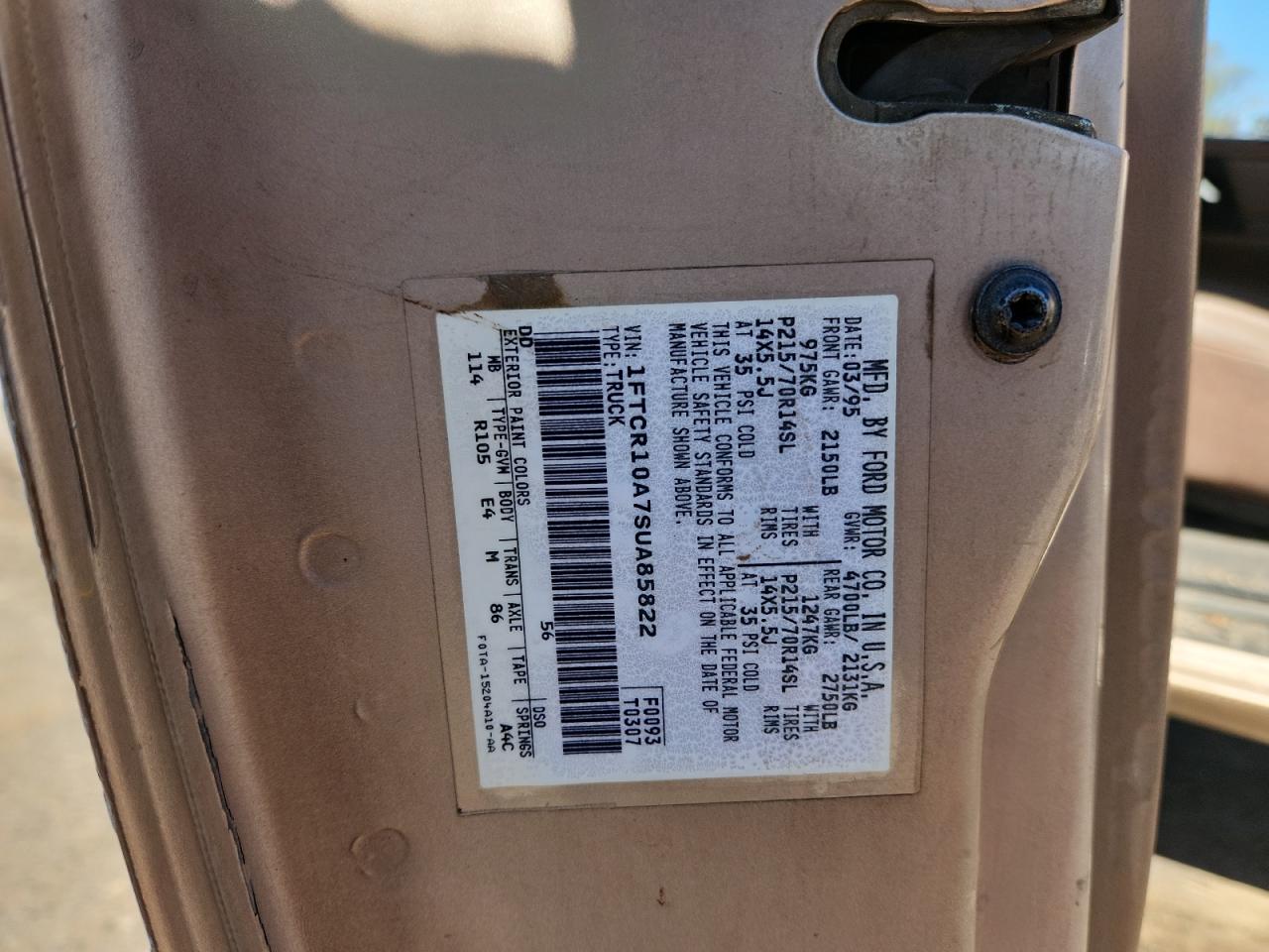 1995 Ford Ranger VIN: 1FTCR10A7SUA85822 Lot: 85717815