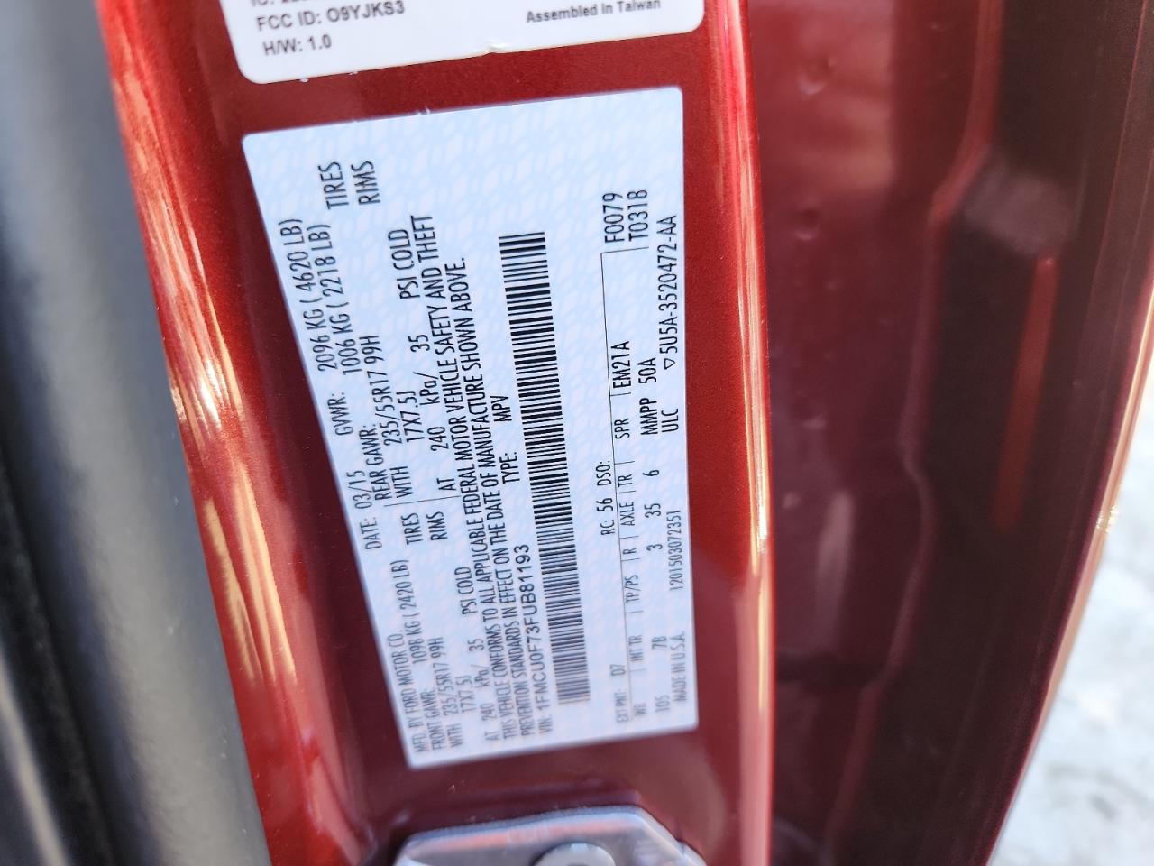 2015 Ford Escape S VIN: 1FMCU0F73FUB81193 Lot: 89526455