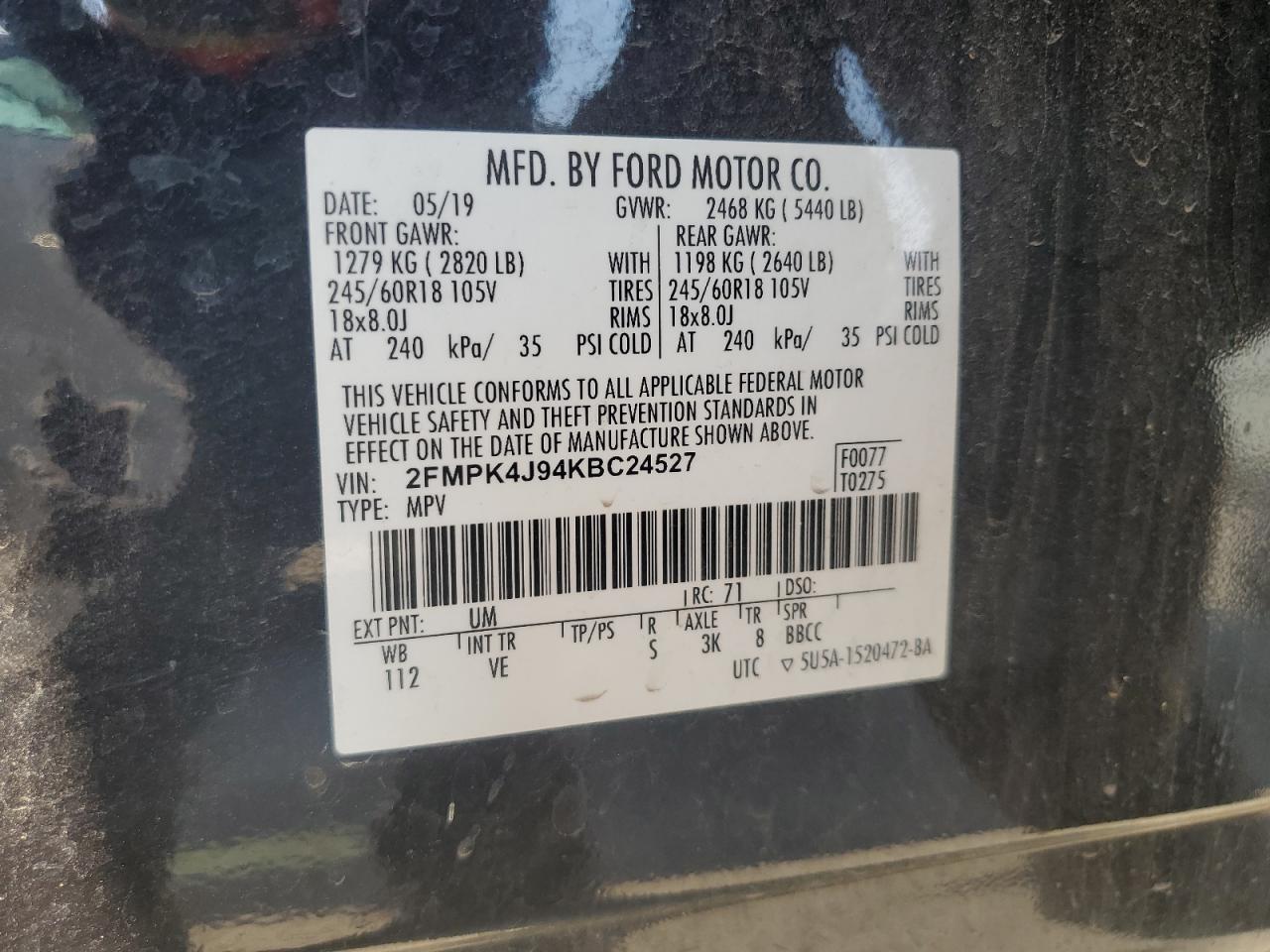 2019 Ford Edge Sel VIN: 2FMPK4J94KBC24527 Lot: 86881075