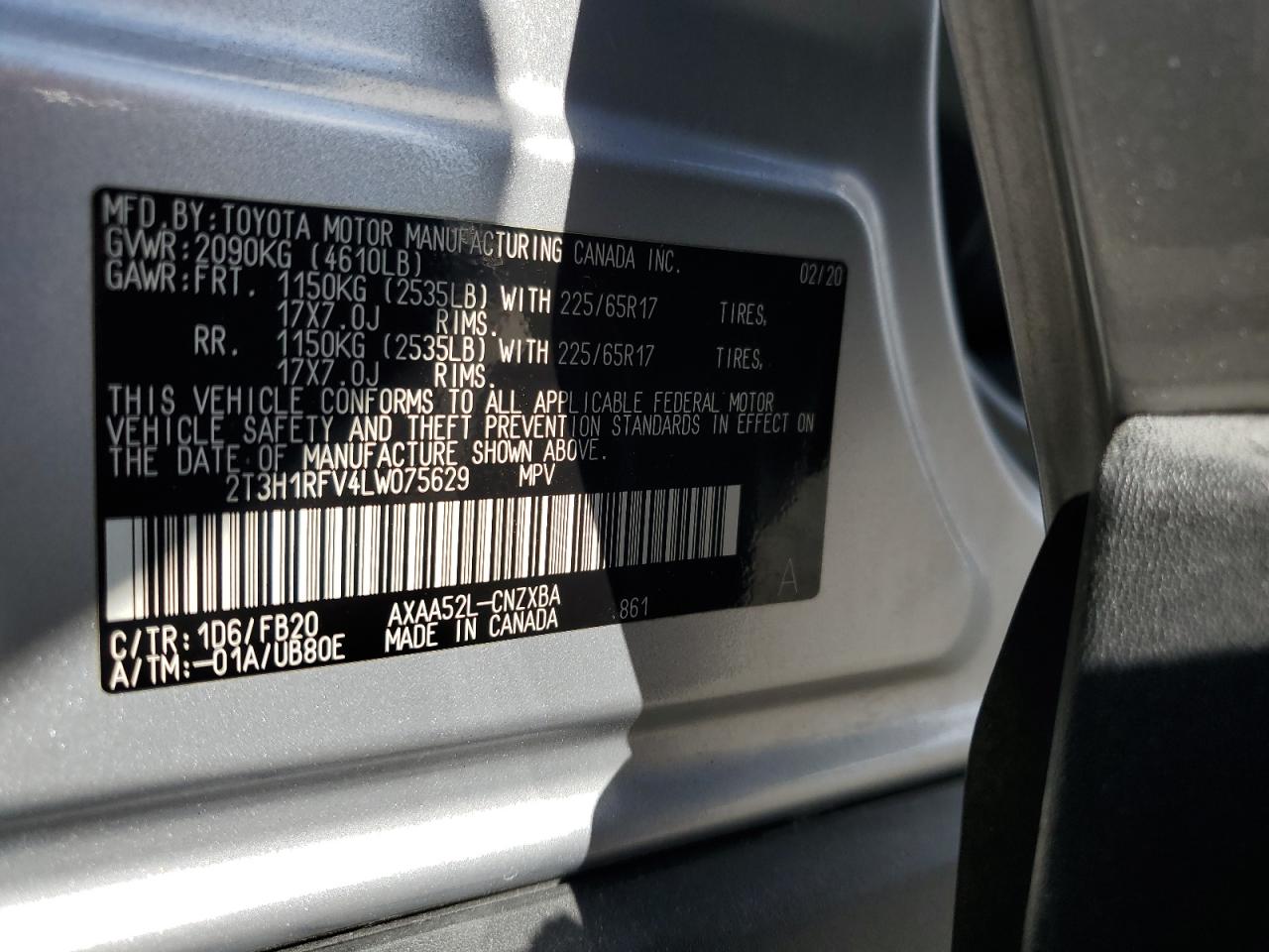 2020 Toyota Rav4 Le VIN: 2T3H1RFV4LW075629 Lot: 82281975