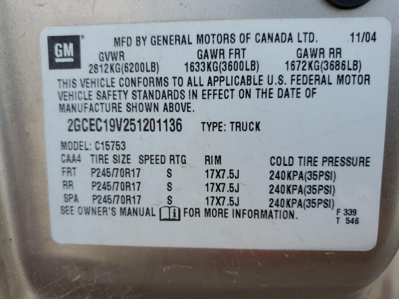 2005 Chevrolet Silverado C1500 VIN: 2GCEC19V251201136 Lot: 86497015