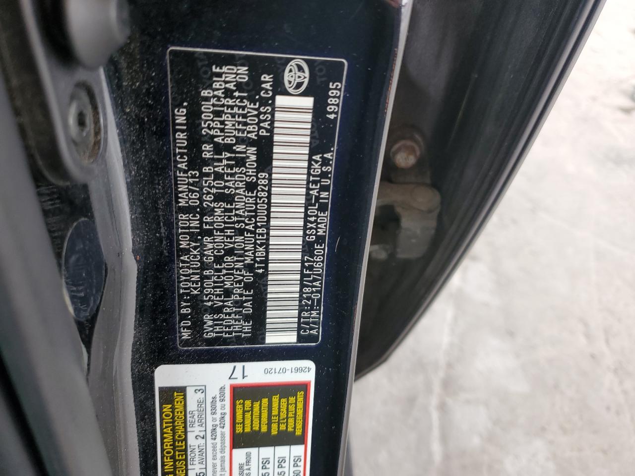 2013 Toyota Avalon Base VIN: 4T1BK1EB1DU058289 Lot: 82210955