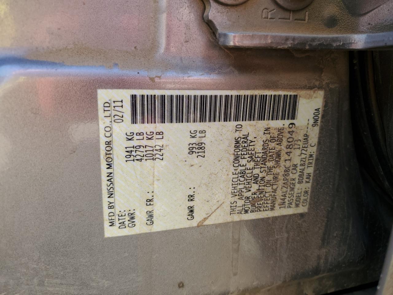 2011 Nissan Altima Base VIN: 1N4AL2AP8BC148049 Lot: 87227255