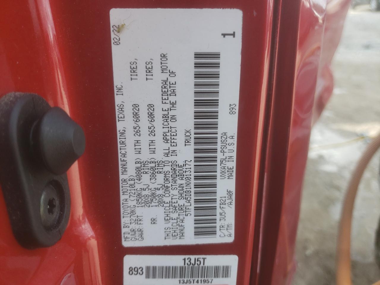 2022 Toyota Tundra Crewmax Sr VIN: 5TFLA5DB1NX013177 Lot: 86998165