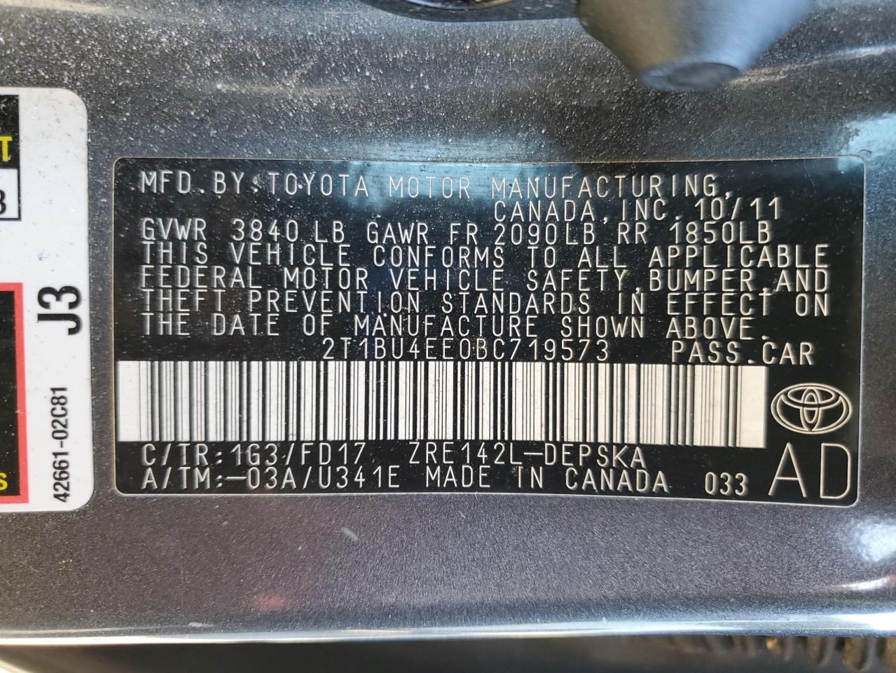 2011 Toyota Corolla Base VIN: 2T1BU4EE0BC719573 Lot: 84963625