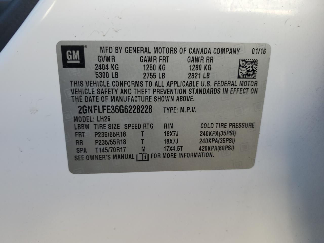 2016 Chevrolet Equinox Lt VIN: 2GNFLFE36G6228228 Lot: 85577225