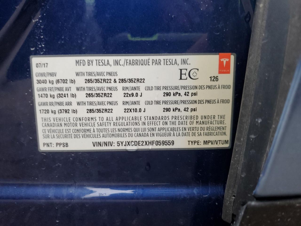2017 Tesla Model X VIN: 5YJXCDE2XHF059559 Lot: 87372975