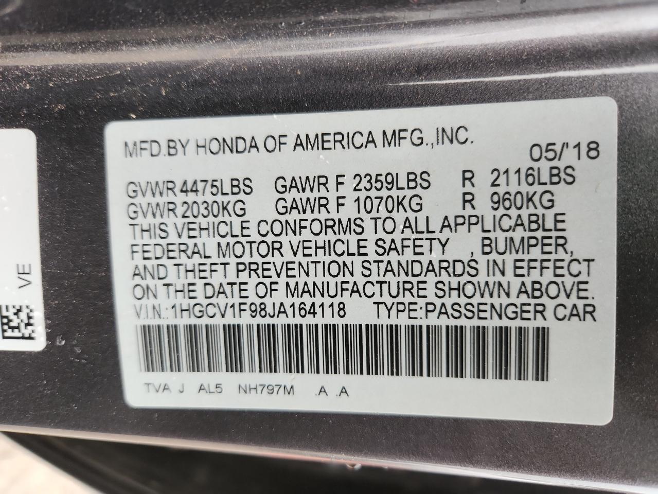 2018 Honda Accord Touring VIN: 1HGCV1F98JA164118 Lot: 86095935