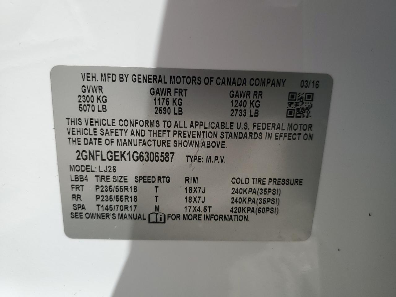 2016 Chevrolet Equinox Ltz VIN: 2GNFLGEK1G6306587 Lot: 81864695