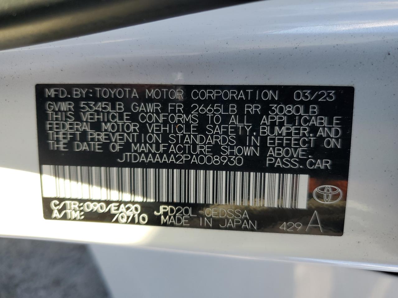 2023 Toyota Mirai Xle VIN: JTDAAAAA2PA008930 Lot: 84736985