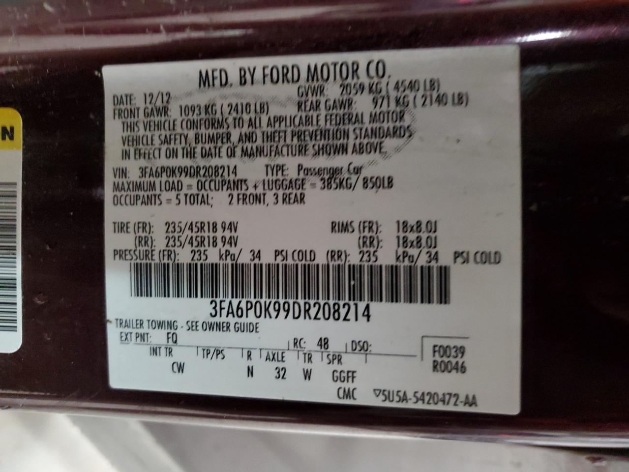 2013 Ford Fusion Titanium VIN: 3FA6P0K99DR208214 Lot: 90147085