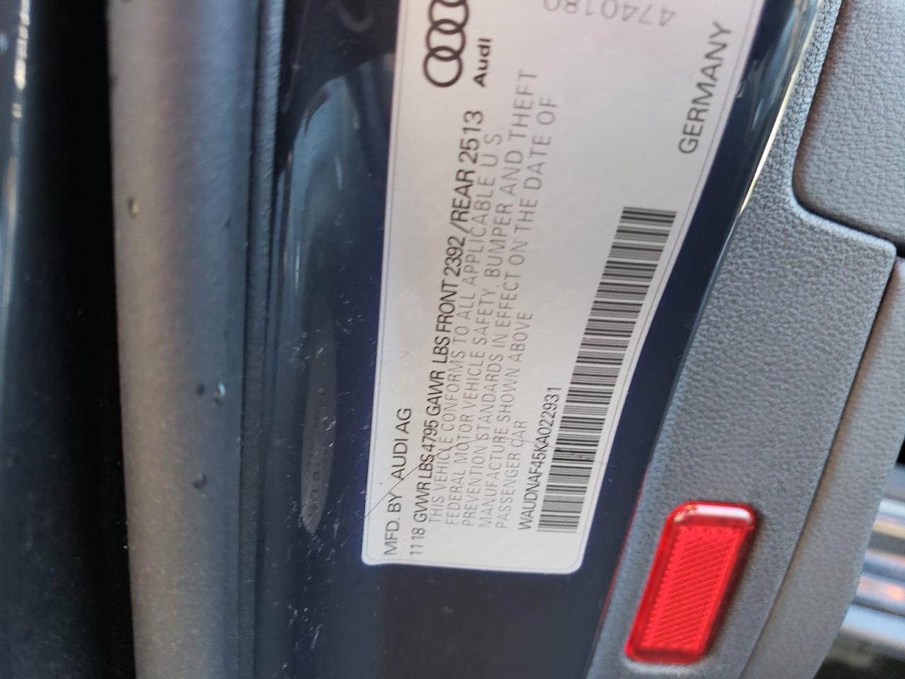 2019 Audi A4 Premium VIN: WAUDNAF45KA022931 Lot: 87064405