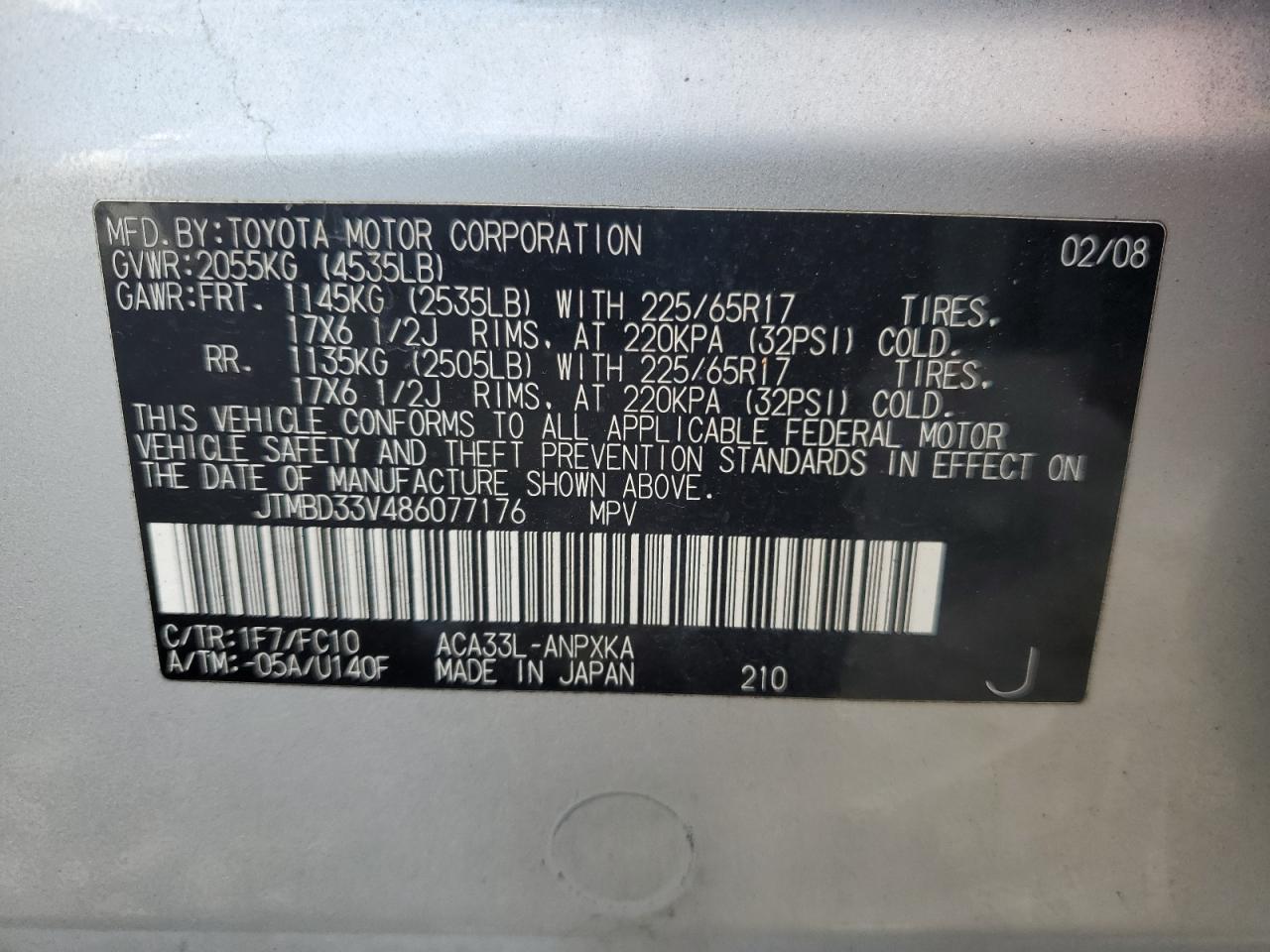 2008 Toyota Rav4 VIN: JTMBD33V486077176 Lot: 82502725