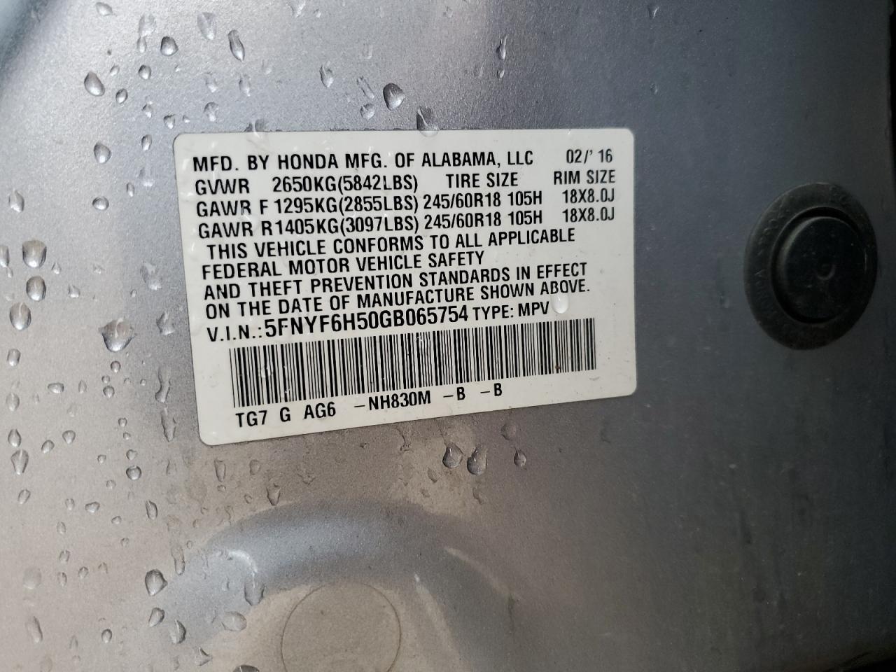 2016 Honda Pilot Exl VIN: 5FNYF6H50GB065754 Lot: 86499095