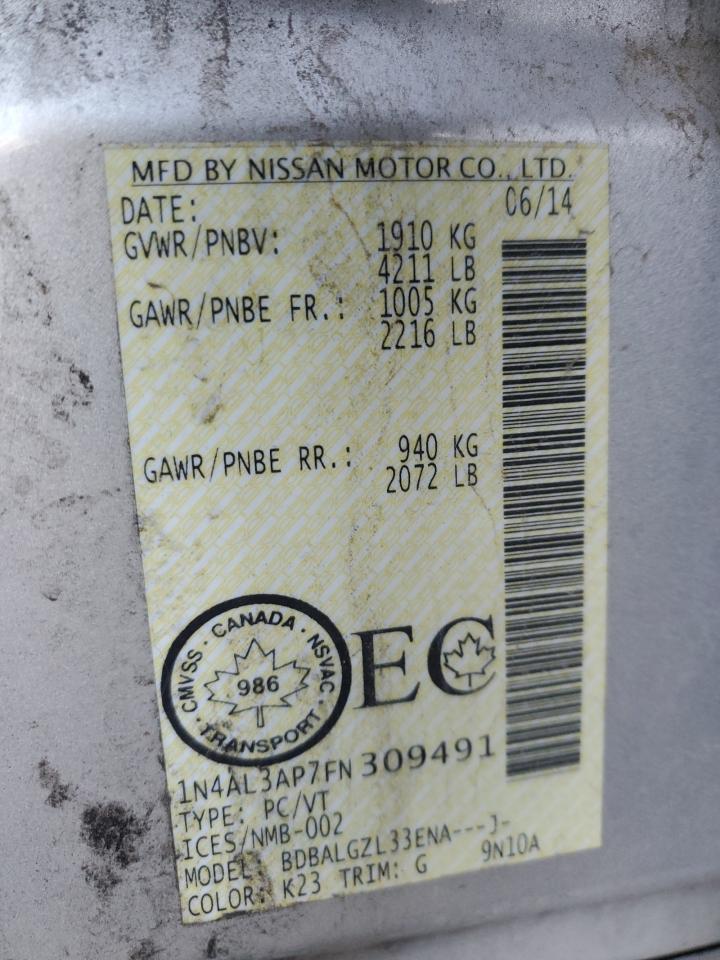 2015 Nissan Altima 2.5 VIN: 1N4AL3AP7FN309491 Lot: 85385255