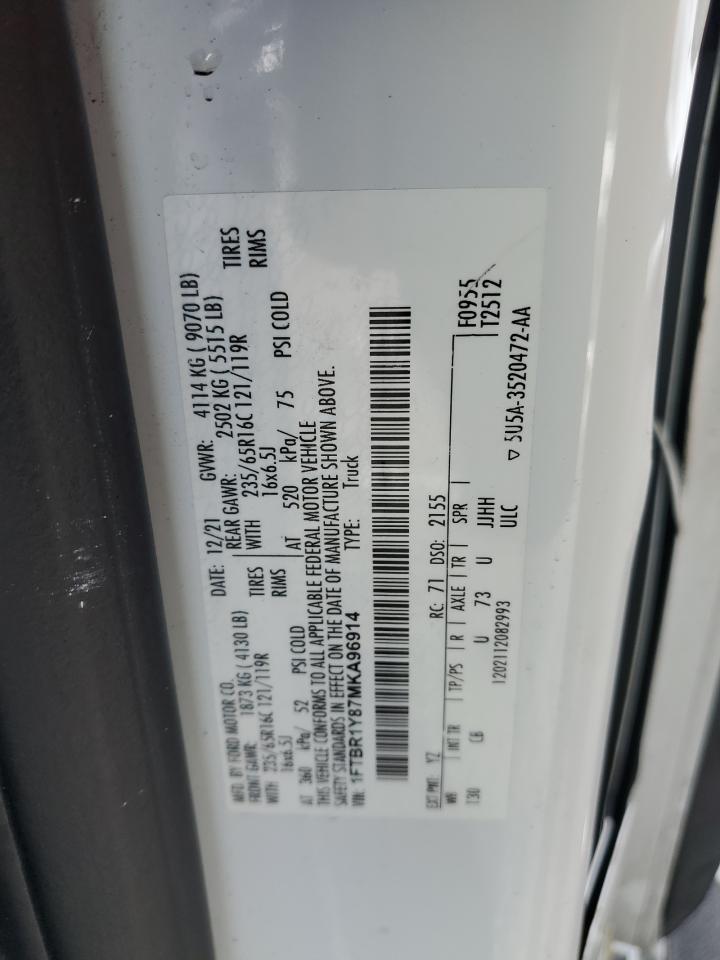 2021 Ford Transit T-250 VIN: 1FTBR1Y87MKA96914 Lot: 86432405