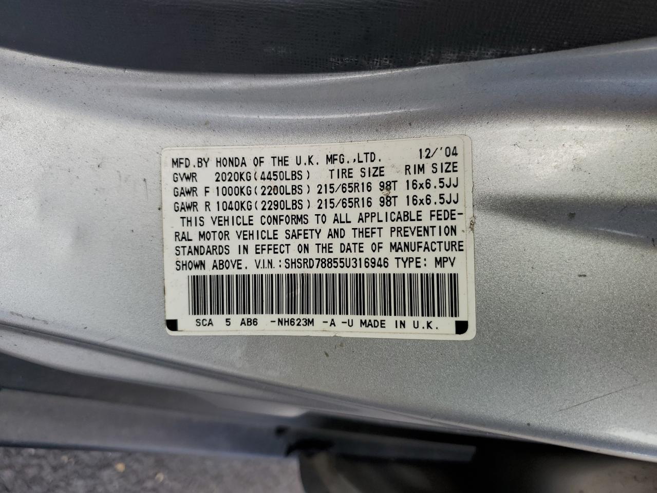 2005 Honda Cr-V Ex VIN: SHSRD78855U316946 Lot: 87283965