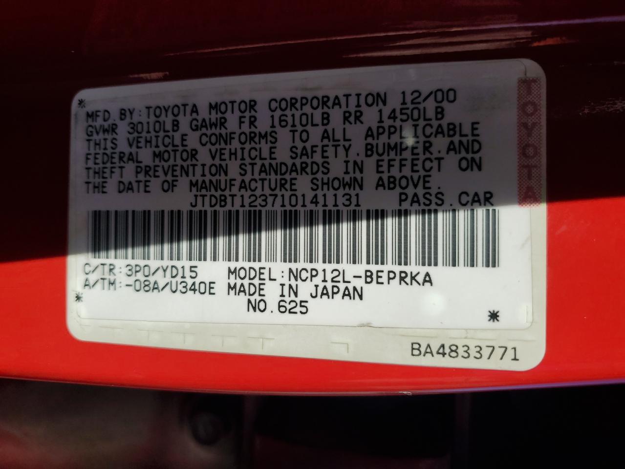 2001 Toyota Echo VIN: JTDBT123710141131 Lot: 90060405