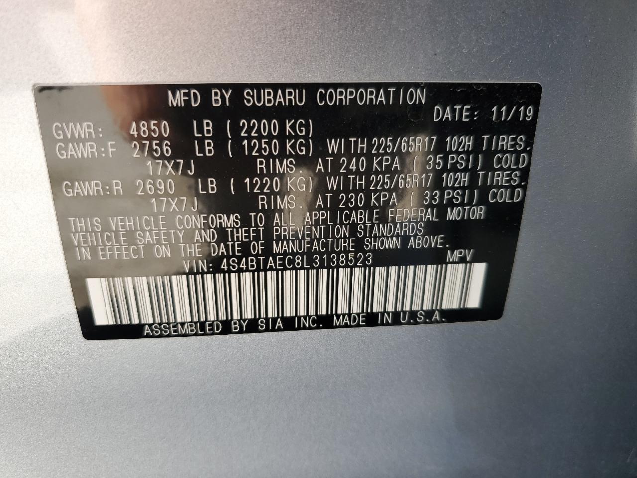 2020 Subaru Outback Premium VIN: 4S4BTAEC8L3138523 Lot: 86103955