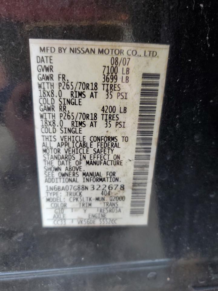 2008 Nissan Titan Xe VIN: 1N6BA07G88N322678 Lot: 84774465