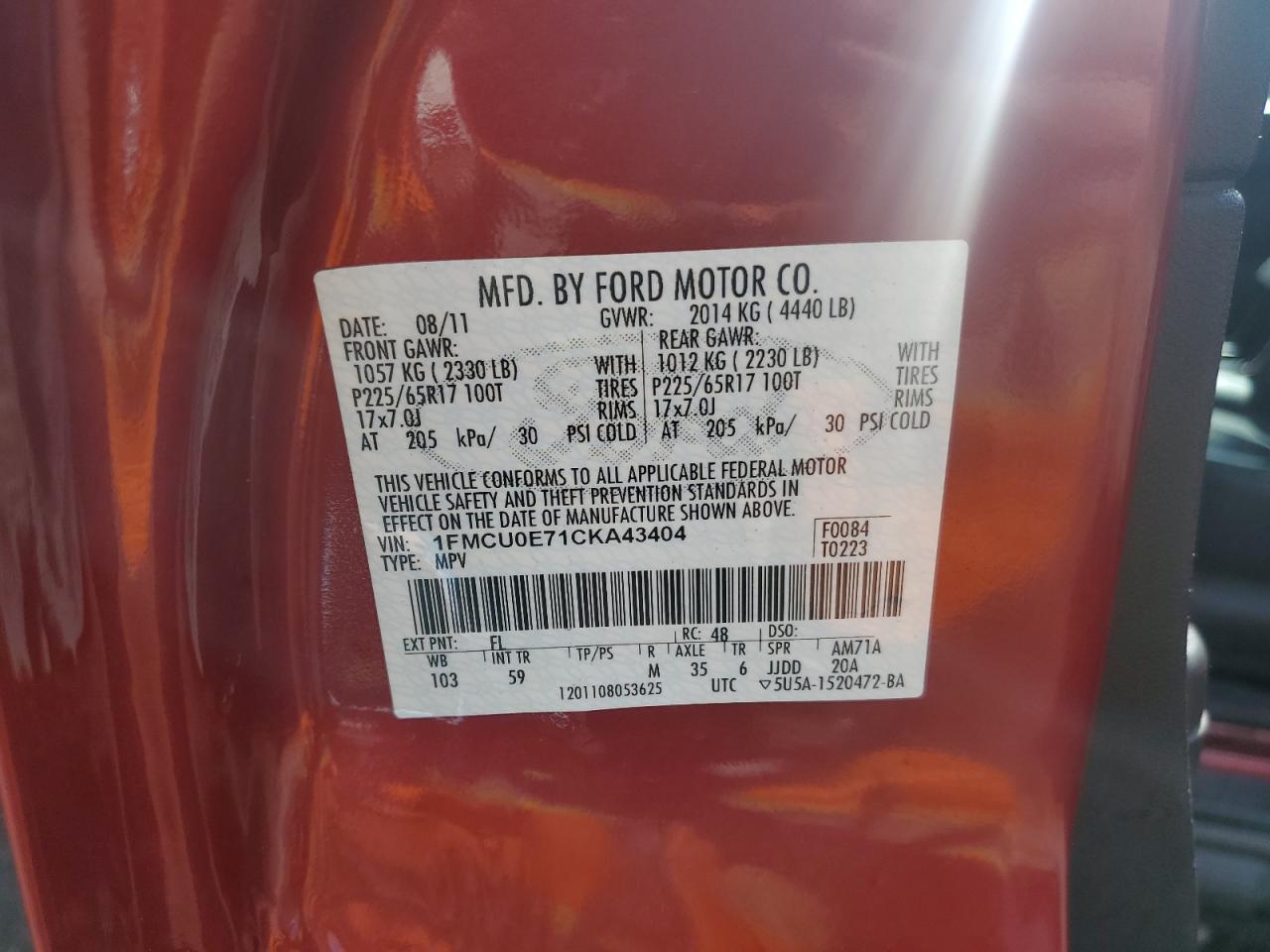 2012 Ford Escape Limited VIN: 1FMCU0E71CKA43404 Lot: 85587855