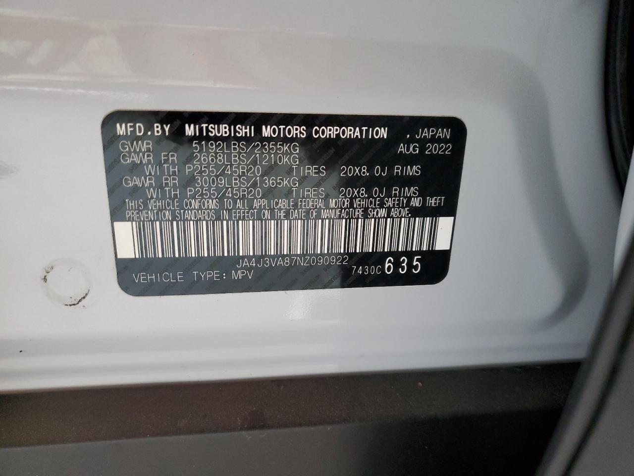 2022 Mitsubishi Outlander Sel VIN: JA4J3VA87NZ090922 Lot: 87466635