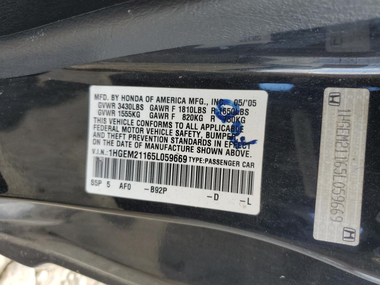 2005 Honda Civic Dx Vp VIN: 1HGEM21165L059669 Lot: 81910285