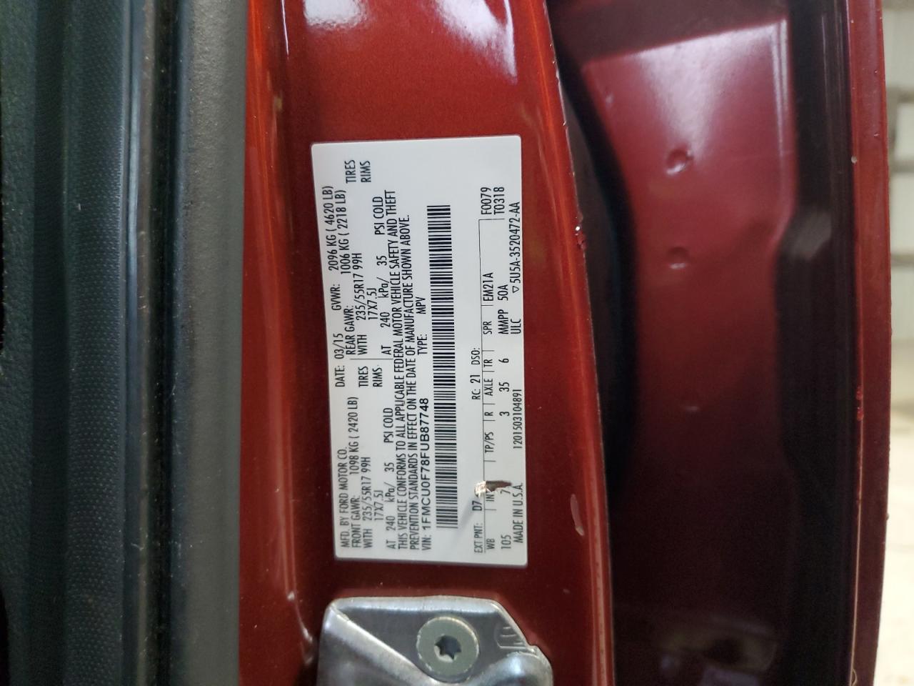 2015 Ford Escape S VIN: 1FMCU0F78FUB87748 Lot: 90491175