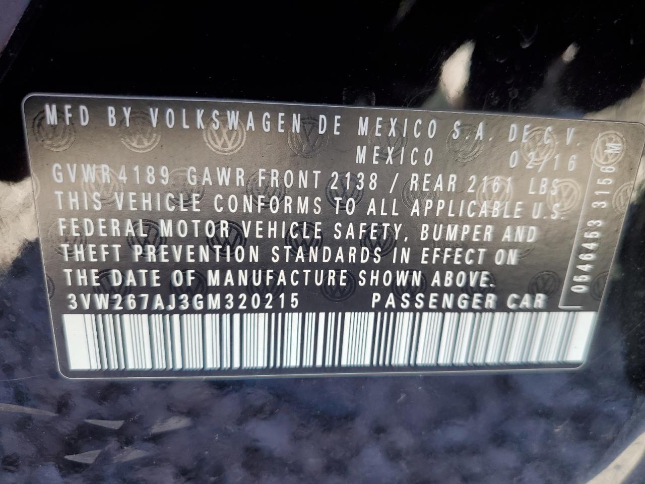 2016 Volkswagen Jetta S VIN: 3VW267AJ3GM320215 Lot: 71514815