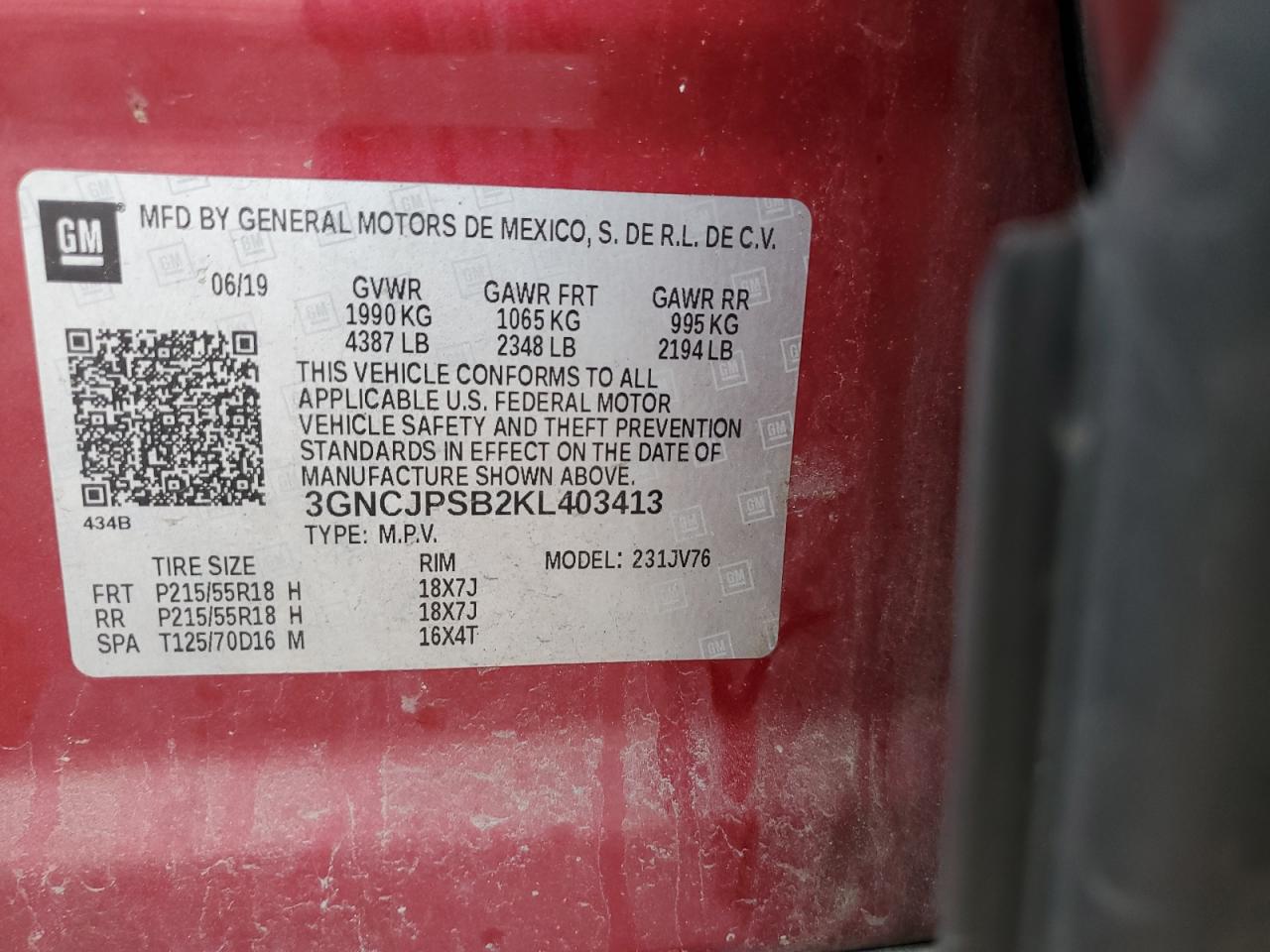 2019 Chevrolet Trax 1Lt VIN: 3GNCJPSB2KL403413 Lot: 81890265