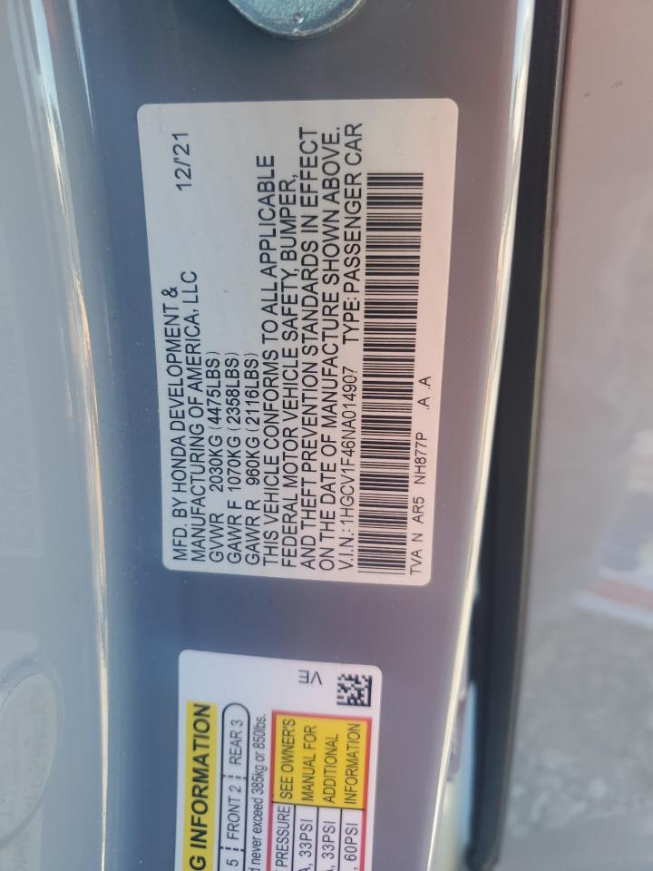 2022 Honda Accord Sport Se VIN: 1HGCV1F46NA014907 Lot: 84730385