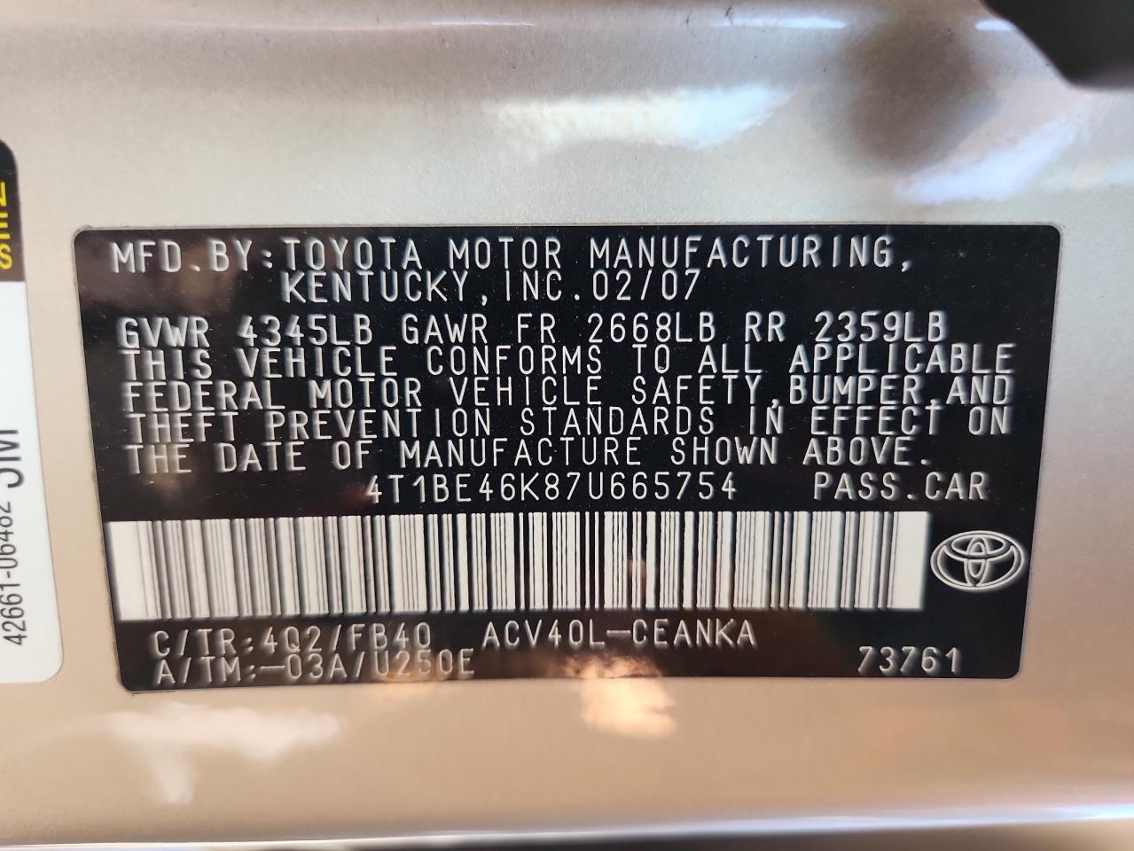 2007 Toyota Camry Ce VIN: 4T1BE46K87U665754 Lot: 85190845