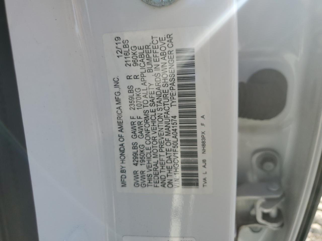 2020 Honda Accord Exl VIN: 1HGCV1F50LA041574 Lot: 86119935