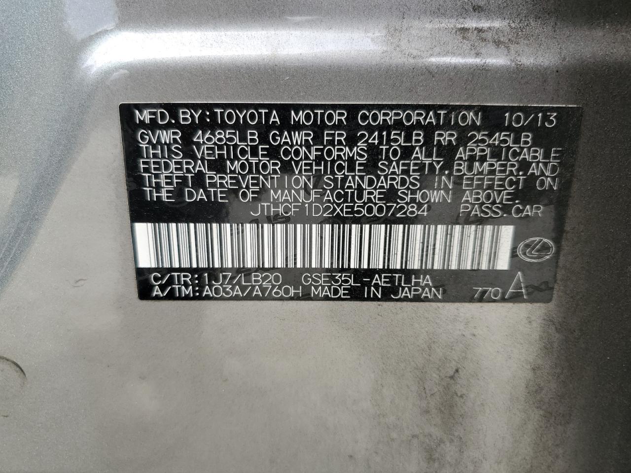 2014 Lexus Is 250 VIN: JTHCF1D2XE5007284 Lot: 85354675