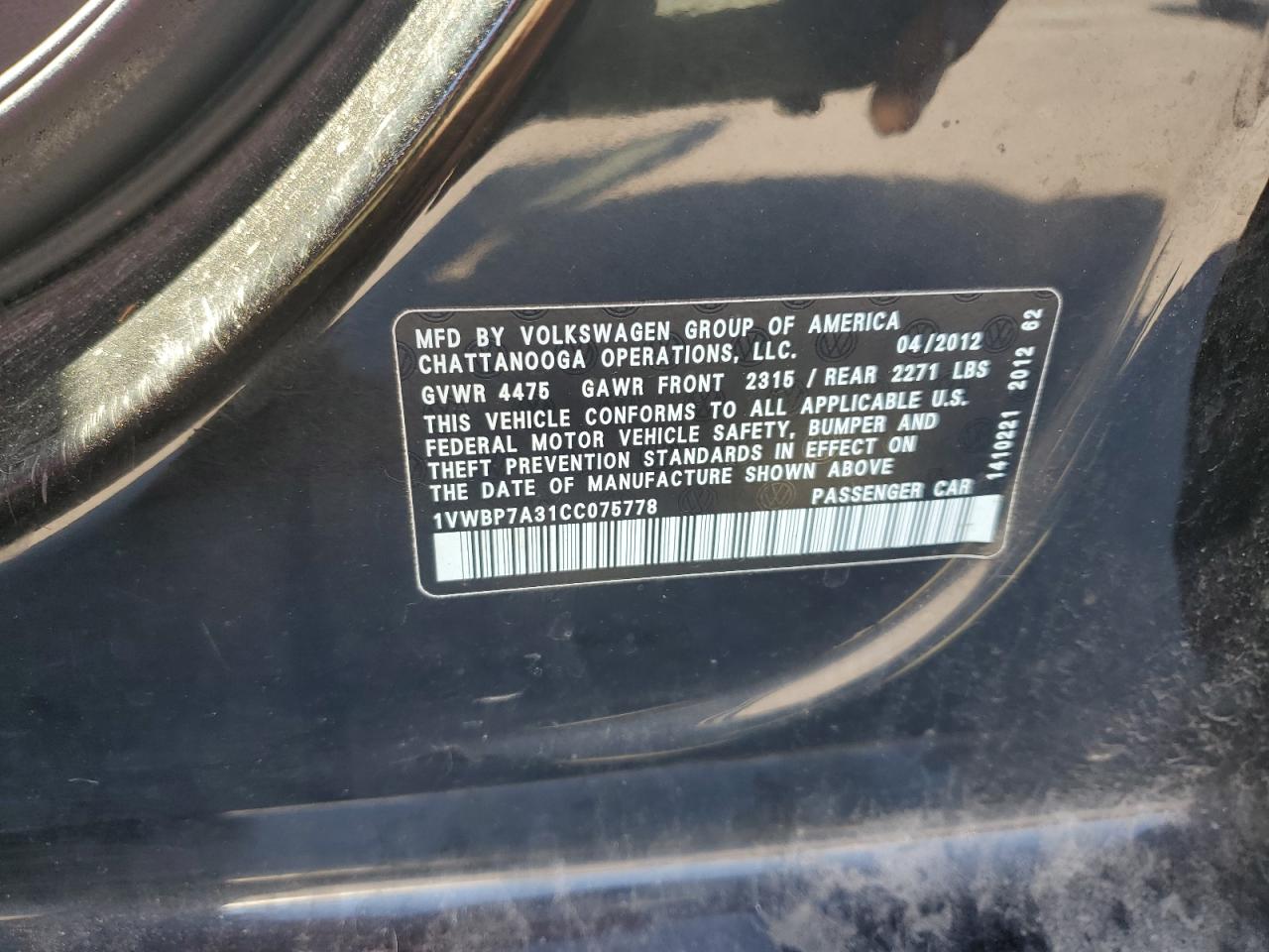 2012 Volkswagen Passat Se VIN: 1VWBP7A31CC075778 Lot: 85558405