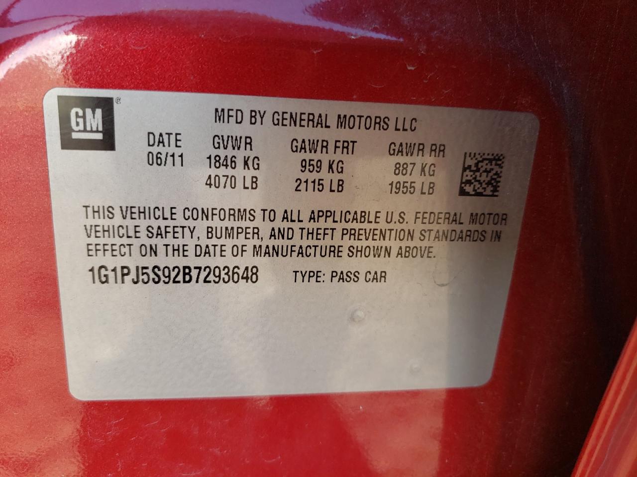 2011 Chevrolet Cruze Eco VIN: 1G1PJ5S92B7293648 Lot: 81854385